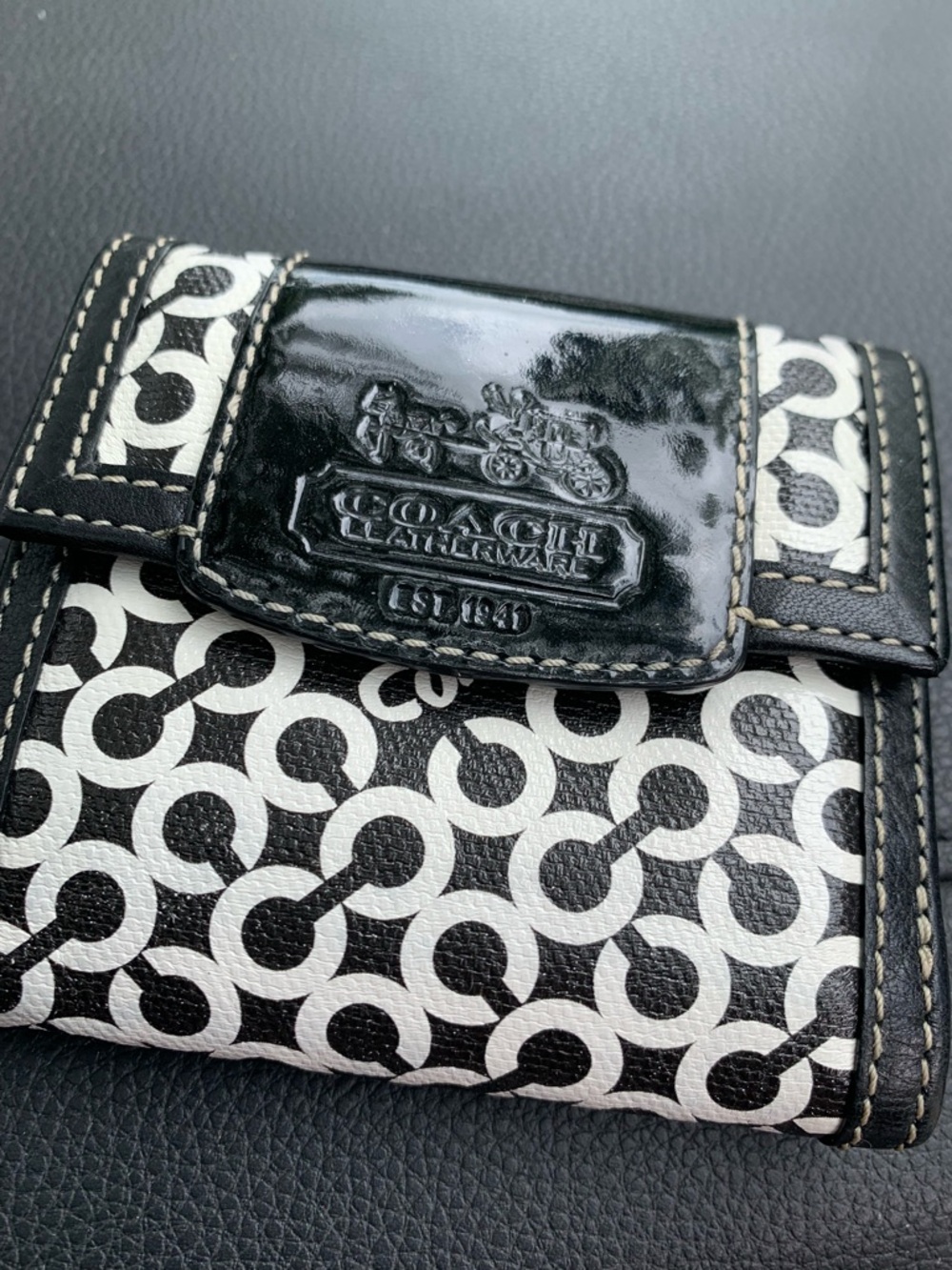 Coach Black & White Signature Compact Wallet with Patent Trim